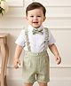 Mark & Mia Knit Half Sleeves Solid Party Shirt & Shorts With Attached Waistcoat & Bow - Green & White