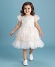 Mark & Mia Woven Half Puffed Sleeves Party Dress with Floral Print Butterfly Applique in Back & Pearl Detailing - Sea Green