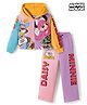 Pine Kids Disney Terry Knit Full Sleeves Hooded T-Shirt and Lounge Pant Set with Minnie Mouse and Friends Graphics - Pink & Purple