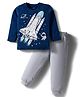 Kookie Kids Single Jersey Knit Full Sleeves Night Suit with Spaceship Print - Navy Blue & Grey