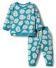 Ollypop Looper Knit Full Sleeves Co-ords Night Suit With Smiley Print - Light Blue