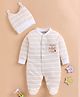 Wonderchild Full Sleeves Striped & Typography Embroidered Footed Sleepsuit With Cap Set - Light Beige