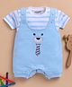 Wonderchild Teddy Embroidered Dungeree With Half Sleeves Striped Tee Set - White & Blue