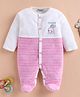 Wonderchild Full Sleeves Bunny Patch Detailed Striped Footed Sleepsuit - White & Rani