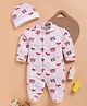 Wonderchild Full Sleeves Checked & Baby Animals Printed Footed Sleepsuit With Cap Set - Peach