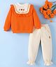 Mark & Mia Full Sleeves Winter Wear T-Shirt & Joggers Set with Floral Embroidery & Frill Detailing - Orange & Beige