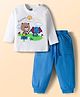 Doodle Poodle 100% Cotton Knit Full Sleeves T-Shirt & Jogger Set With Teddy Print - White & Blue