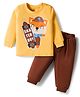 Doodle Poodle 100% Cotton Knit Full Sleeves T-Shirt & Joggers Set With Fox Print - Yellow & Brown