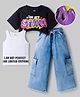 OLLINGTON ST. Cotton Knit You Are Strong Text Printed Half Sleeves Top & Denim Pant Set With Inner Top - Black & Blue