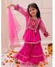 KID1 Georgette Woven Three Fourth Bell Sleeves Floral Embroidered Gota Lace & Sequins Embellished Kurti Sharara With Dupatta Set - Rani Pink