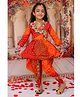 KID1 Cotton Woven Navratri Theme Three Fourth Sleeves Bandhani Designed Mirror Work Embellished Kurti Dhoti Set - Orange