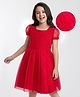 Pine Kids Woven Half Puffed Half Sleeves Pleated Glittery Party Dress - Red