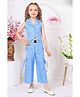 Lagorii Linen Woven Sleeveless Solid Waistcoat Style Crop Top & Coordinating Pant Set - Blue