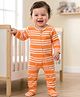 Babyhug Cotton Knit Full Sleeves Footed Sleep Suit with Stripes - Orange