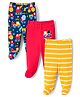 Babyhug Cotton Knit Footed Bootie Leggings with Construction Vehicle Print & Stripes Pack of 3 - Red Yellow & Navy Blue