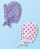 Babyhug 100% Cotton Knit Polka Dot & Heart Printed Bonnet Cap Pack of 2 Lilac & White - Diameter 15 cm