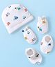 Babyhug 100% Cotton Knit Cap Mittens & Booties with Vehicle Print White - Diameter 16 cm