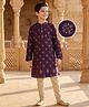 Pine Kids Woven Full Sleeves Kurta Pajama Set With Floral Foil Print - Wine