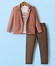Rikidoos Full Sleeves Textured Blazer With Typography Printed Tee & Pant Set - Peach & Brown