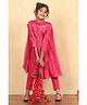 BIBA Cotton Woven Three Fourth Sleeves Floral Foil Printed Gota Lace Embellished Tiered Kurti Pant With Dupatta Set - Pink