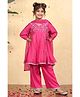 BIBA Cotton Woven Three Fourth Sleeves Floral Embroidered Gota Lace Embellished Kurti Pant With Dupatta Set - Pink