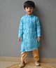 MASTARANG Brocade Woven Full Sleeves Geometric Printed & Thread Work Embroidered Aysmmetrical Kurta Pant Set - Teal Blue