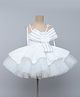 TINY MINY MEE Elastane Knit Sleeveless Bow & Floral Applique Detailed Abstract Glitter Printed Layered Dress - White