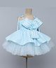TINY MINY MEE Elastane Knit Sleeveless Bow & Floral Applique Detailed Abstract Glitter Printed Layered Dress - Blue