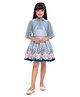 TINY BABY Satin Woven Floral Printed Dress With Three Fourth Sleeves Pearls Embellished Shrug & Belt Set - Blue