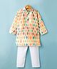 Ridokidz Full Sleeves Ikat Printed Threadwork Detailed Kurta Pyjama Set - Lemon