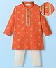 EARTHY TOUCH Woven Full Sleeves Kurta Pajama Set With Floral Print - Orange