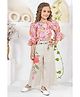 Lagorii Chiffon Woven Three Fourth Bell Sleeves Floral Printed Crop Top & Flared Pant Set - Pink