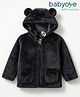 Babyoye Knit Full Sleeves Solid Dyed Hooded Fur Winter Jacket with Ear Applique - Black