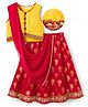 EARTHY TOUCH Brocade Woven Sleeveless Lehenga Choli & Dupatta Set with Foil Print - Red & Yellow