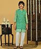 Trampoline Cotton Woven Full Sleeves Abstract Striped Kurta Pyjama With Ethnic Printed Nehru Jacket Set - Green & White