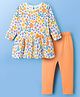 Doodle Poodle 100% Cotton Single Jersey Knit Full Sleeves Frock With Leggings & Floral Print - White & Orange