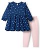 Doodle Poodle 100% Cotton Single Jersey Knit Full Sleeves Frock With Leggings & Bow Print - Navy Blue & Pink