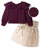 OLLINGTON ST. Woven Full Sleeves Top with Ruffles & Cotton Twill Skirt Set - Wine & Beige