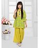 Tiny Kingdom Cotton Woven Three Fourth Bell Sleeves Floral Printed Gota Lace Embellished Kurti & Palazzo With Dupatta Set - Yellow