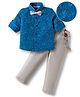Mark & Mia Woven Full Sleeves Floral Printed Shirt & Trouser Set with Bow & Suspender - Royal Blue & Grey