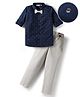 Mark & Mia Cotton Woven Full Sleeves Printed Party Shirt & Trouser With Bow & Suspender - Navy Blue & Beige