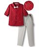 Mark & Mia Woven Full Sleeves Printed Party Shirt & Trouser with Bow & Suspender - Red & Grey