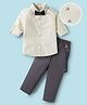 Mark & Mia Woven Full Sleeves Printed Party Shirt & Trouser Set with Bow & Suspender - Off White & Grey