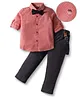 Mark & Mia Woven Full Sleeves Printed Party Shirt & Trouser Set with Bow & Suspender - Dark Pink & Black