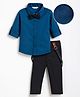 Mark & Mia Cotton Woven Full Sleeves Solid Party Shirt & Trouser Set With Bow & Suspender - Blue & Black