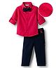 Mark & Mia Cotton Woven Full Sleeves Solid Party Shirt & Trouser Set With Bow & Suspender - Red & Black