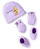 Babyhug Disney Interlock Knit Cap, Mittens and Booties Set with Winnie the Pooh Graphics Lilac - Diameter 17 cm