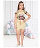 Lei-Chie Knit Sleeveless Fashion Text Printed Dress With Half Sleeves Net Detailed Top Set - Yellow