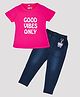 Kiwi Cotton Knit Half Sleeves Good Vibes Only Text Printed Top & Denim Jeans Set - Blue