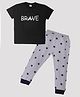 Kiwi Cotton Knit Half Sleeves Brave Text Printed Tee & Lounge Pant Set - Grey & Black